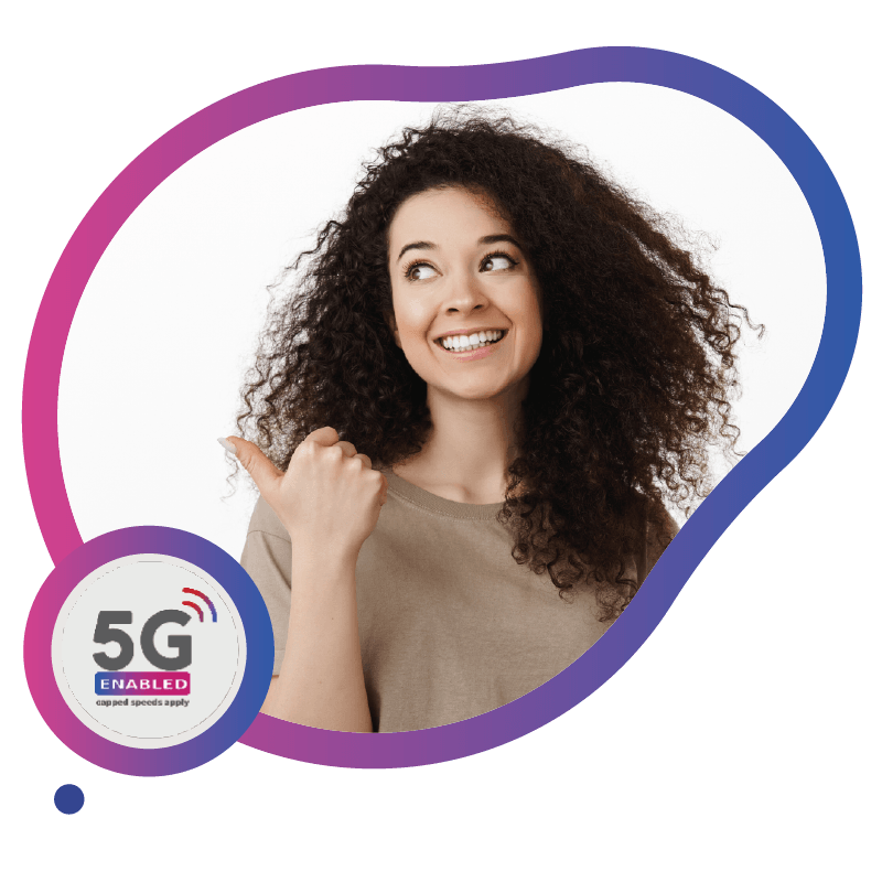A young lady with curly hair gives a thumbs-up gesture, indicating approval or enthusiasm, next to a circular 5G-enabled badge, symbolizing simple and fast mobile connectivity through eSIM in Australia.