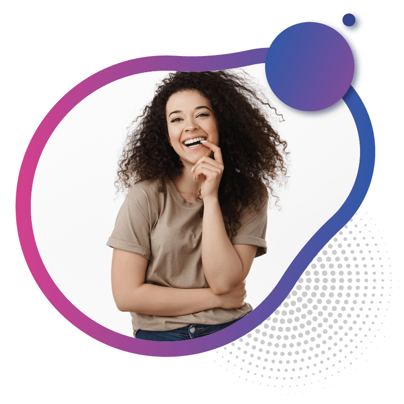 A young lady with curly hair and a neutral expression stands with arms crossed, wearing a beige shirt and blue jeans, set against a colorful background, symbolizing the reliable and fast connectivity offered by eSIM technology on the best networks in Australia.