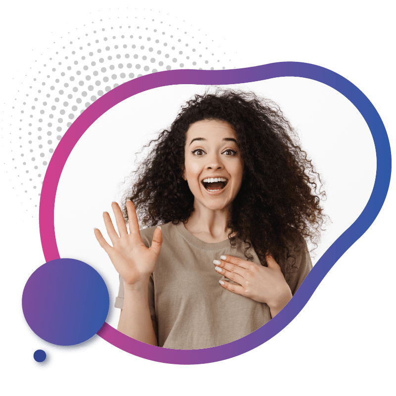 A young lady with curly hair wearing a beige shirt raises one hand and places the other over their chest, set against a vibrant, abstract background, symbolizing the freedom and convenience of activating eSIM from anywhere in Australia.