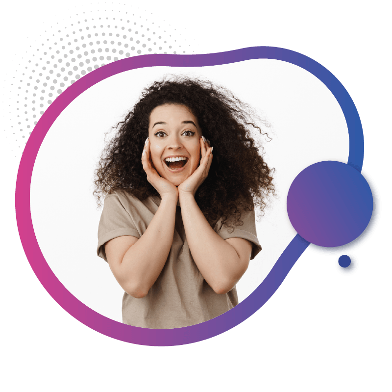 A young lady with curly hair holds their hands to their face, conveying surprise or disbelief, set against a colorful background, symbolizing the instant and flexible access to mobile data with eSIM technology in Australia