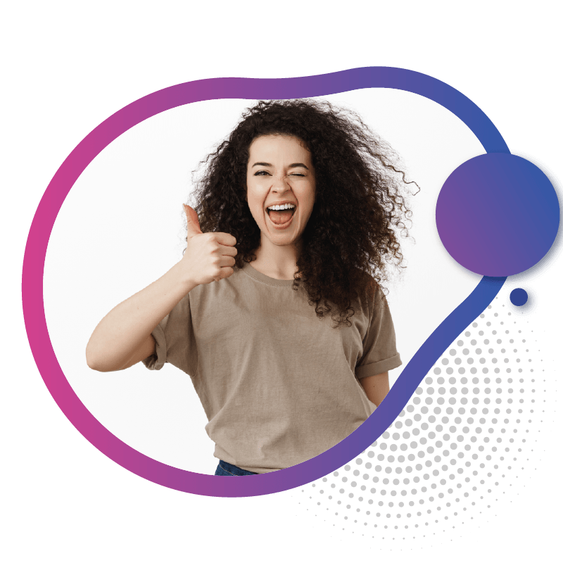 A young women with curly hair gives a thumbs-up gesture, wearing a beige t-shirt, set against a colorful abstract background, representing the reliability and ease of eSIM connectivity in Australia